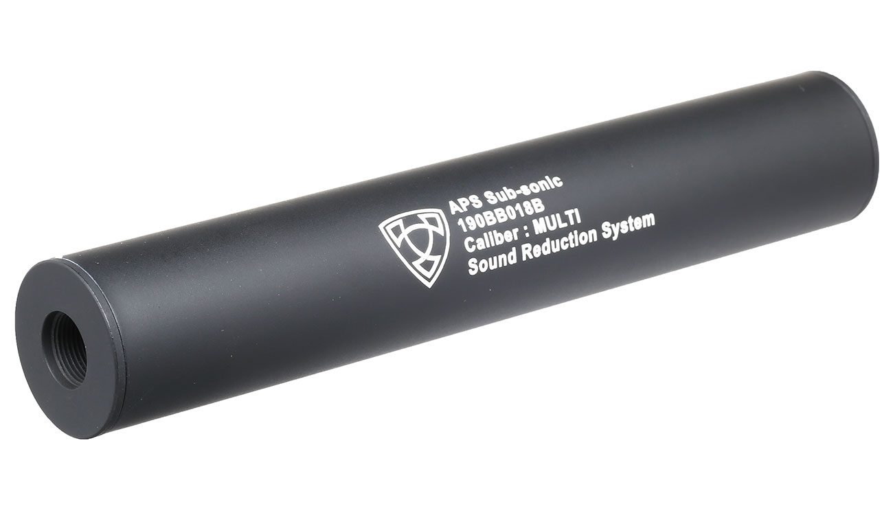 APS Sub-Sonic Aluminium Suppressor 190 x 33mm 14mm+ / 14mm- schwarz