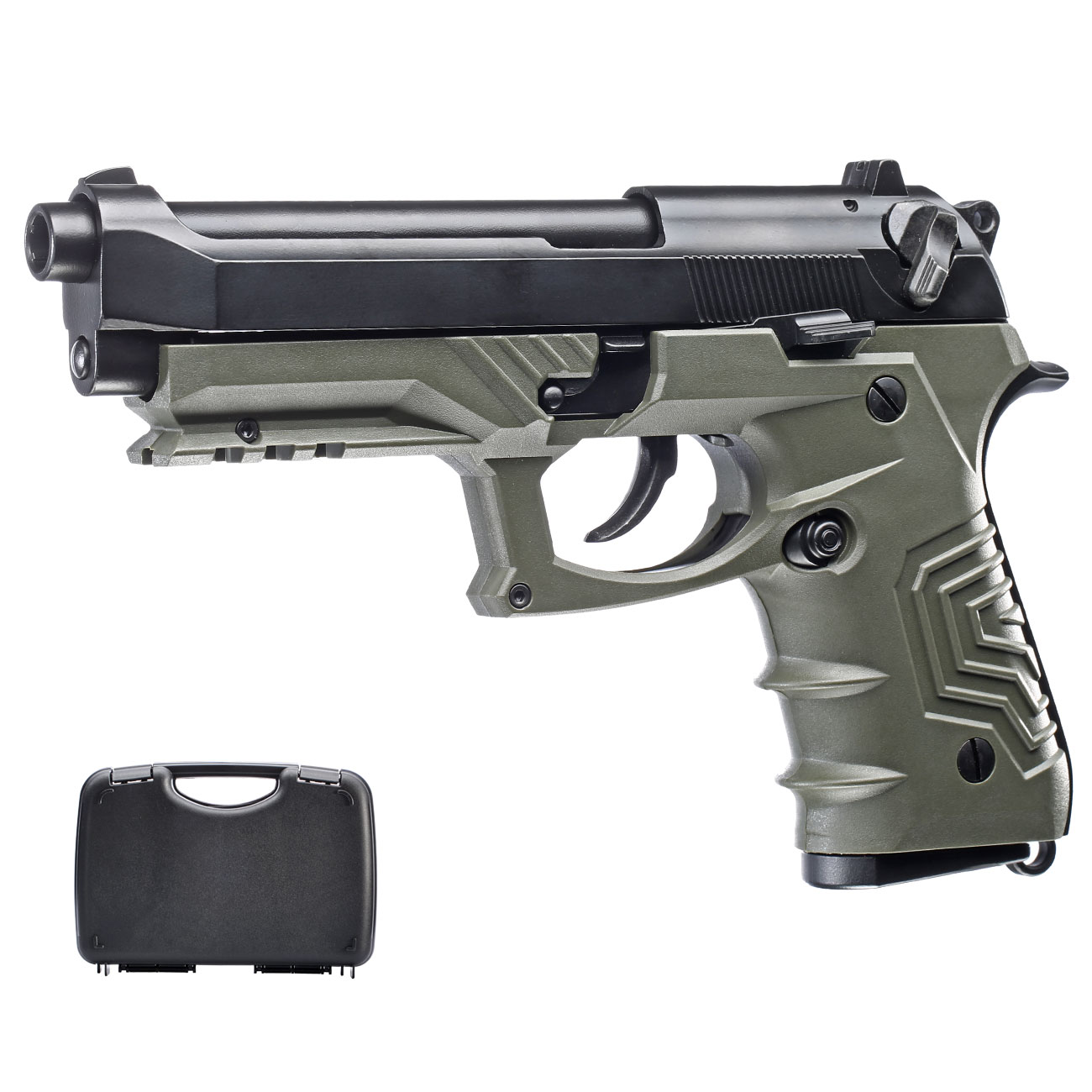HFC M92 GripTac Airsoftpistole Vollmetall GBB 6mm BB oliv inkl. Pistolenkoffer
