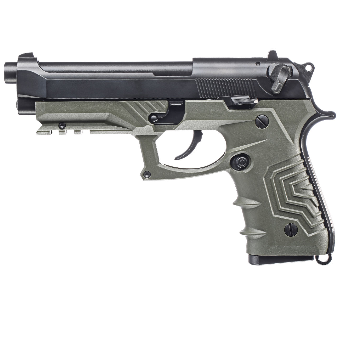 HFC M92 GripTac Airsoftpistole Vollmetall GBB 6mm BB oliv inkl. Pistolenkoffer Bild 1