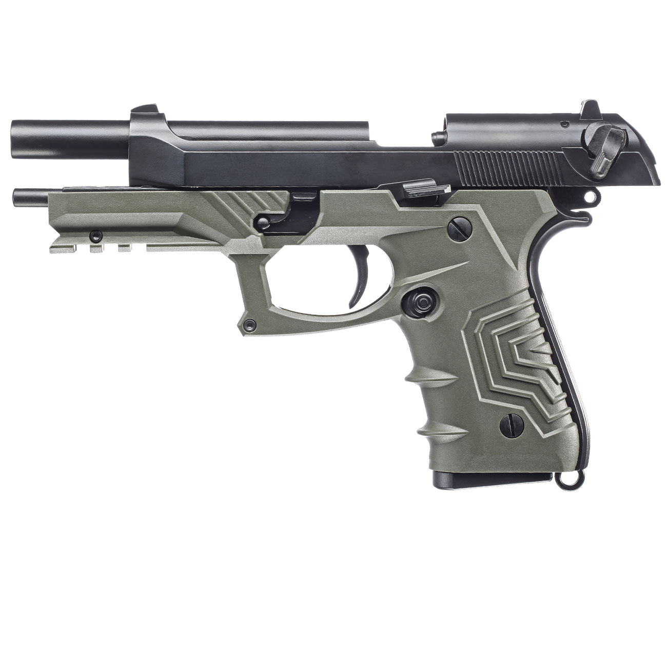 HFC M92 GripTac Airsoftpistole Vollmetall GBB 6mm BB oliv inkl. Pistolenkoffer Bild 2