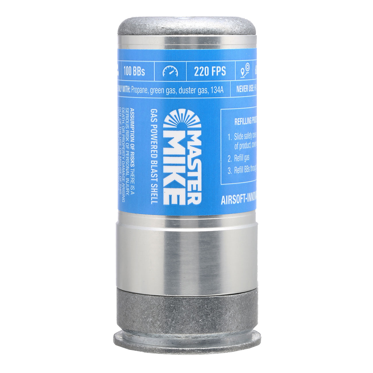 Airsoft Innovations Master Mike 40mm Vollmetall Hlse / Einlegepatrone f. 150 6mm BBs blau / silber Bild 1