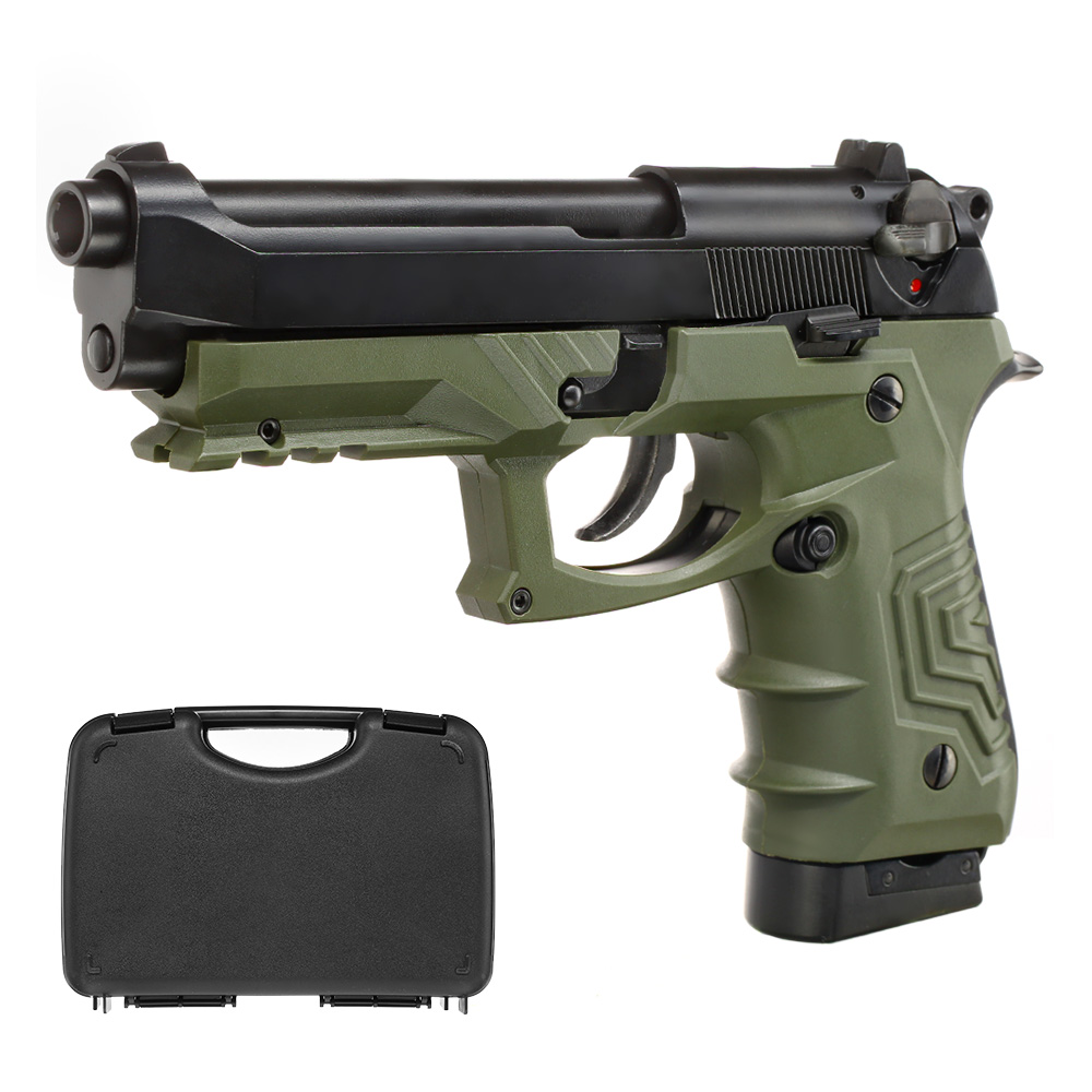 HFC M92 GripTac Airsoftpistole Vollmetall CO2 BlowBack 6mm BB oliv inkl. Pistolenkoffer