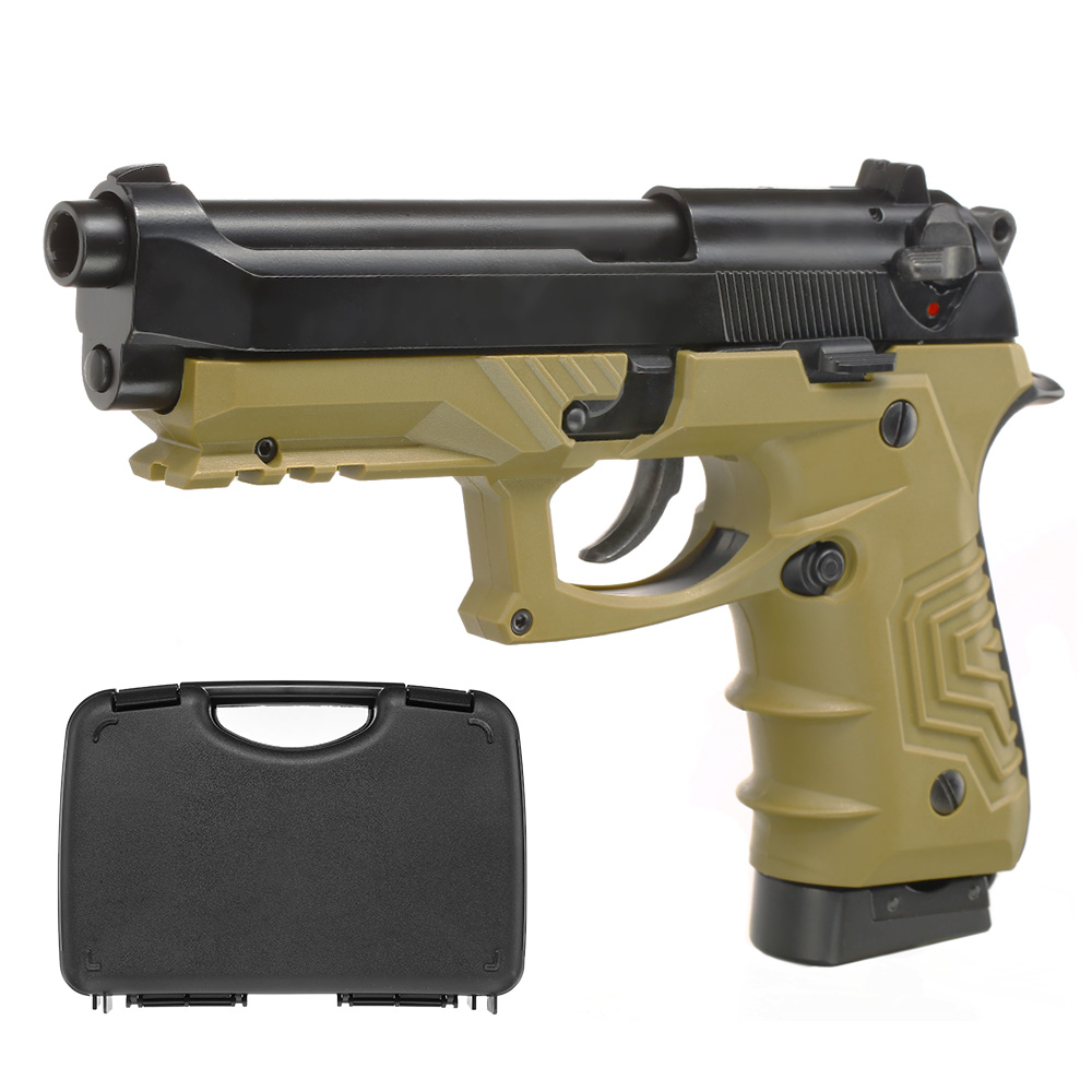 HFC M92 GripTac Airsoftpistole Vollmetall CO2 BlowBack 6mm BB coyote inkl. Pistolenkoffer