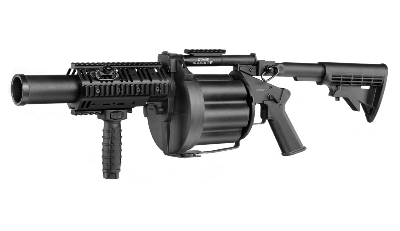 ICS MGL 40mm Airsoft Revolver-Granatwerfer Long Rail System Version schwarz - Long Barrel