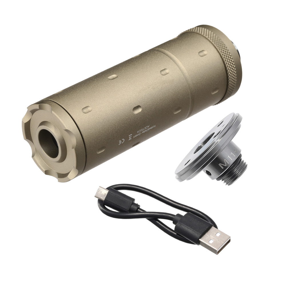 Acetech Lighter BT Aluminium Silencer Mini Tracer Unit / Chronograph inkl. LiPo Akku 11mm+ / 14mm- Tan
