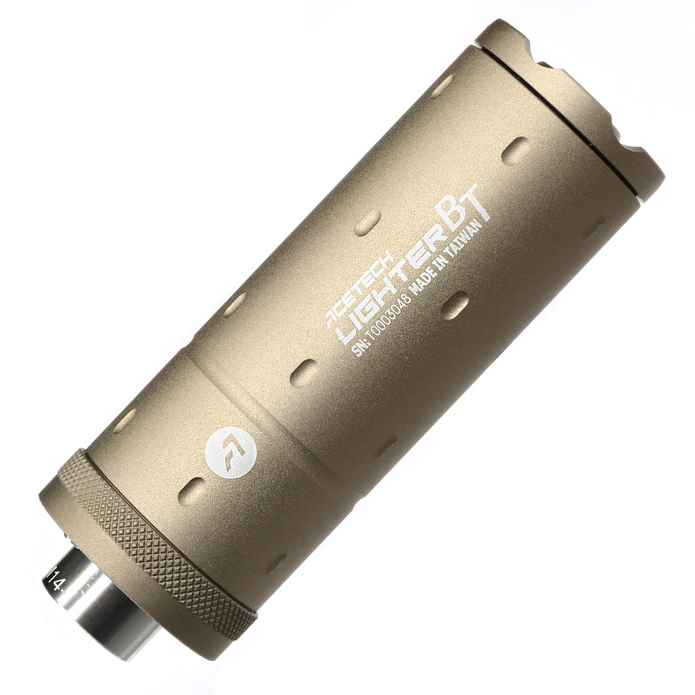 Acetech Lighter BT Aluminium Silencer Mini Tracer Unit / Chronograph inkl. LiPo Akku 11mm+ / 14mm- Tan Bild 3