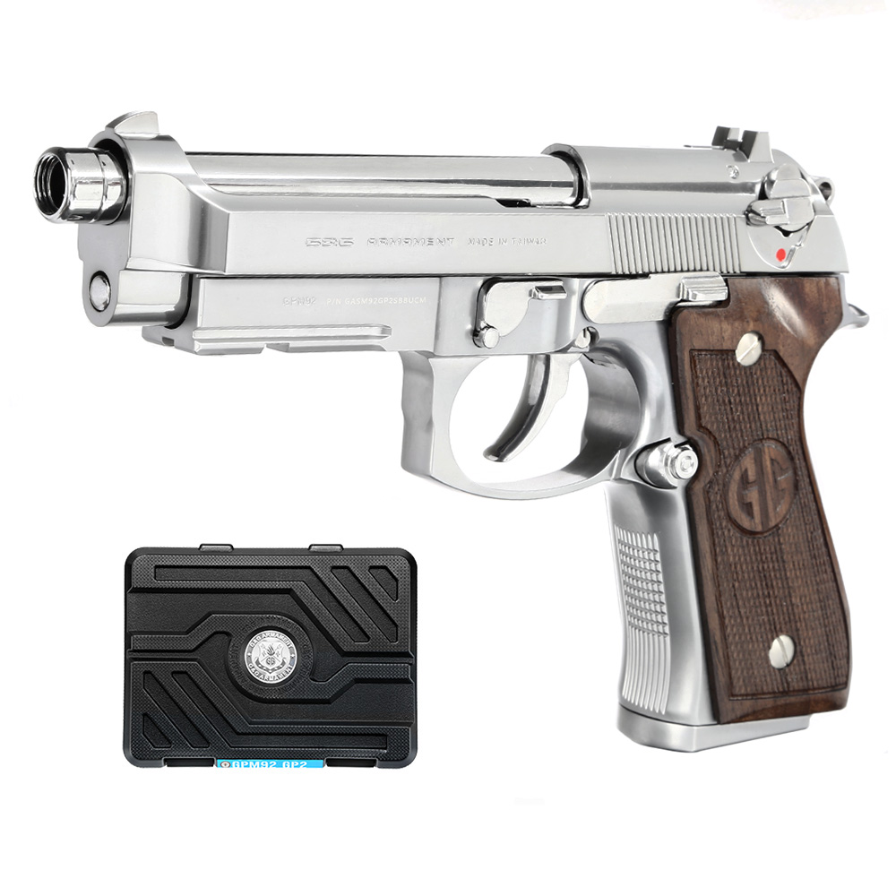 G&G GPM92 GP2 Airsoftpistole Vollmetall GBB 6mm BB Silber-Chrome inkl. Pistolenkoffer - Walnussholz Limited Edition