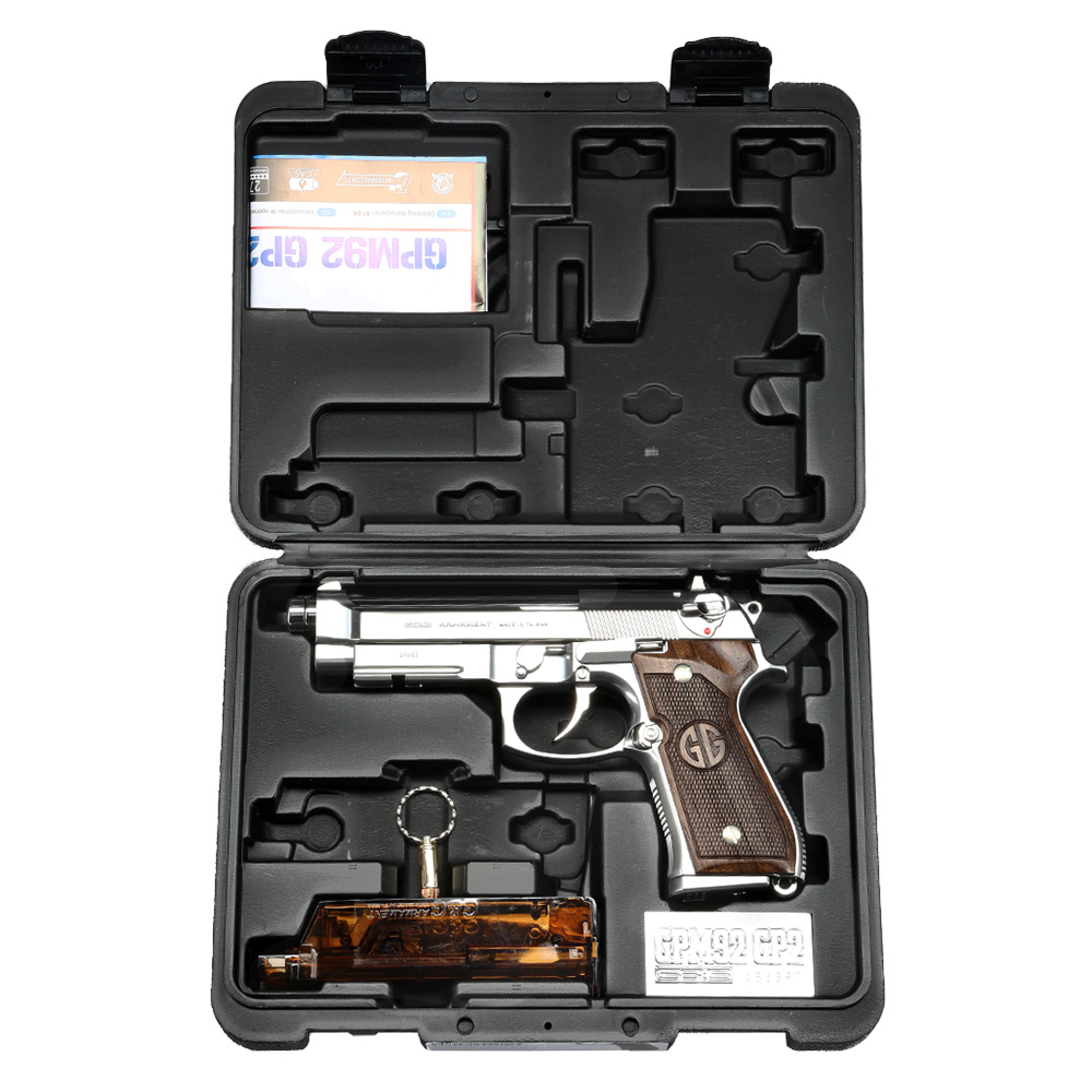 G&G GPM92 GP2 Airsoftpistole Vollmetall GBB 6mm BB Silber-Chrome inkl. Pistolenkoffer - Walnussholz Limited Edition Bild 7