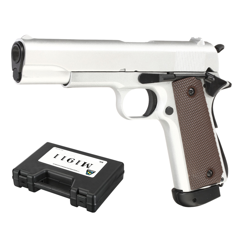 Double Bell M1911A1 Airsoftpistole Vollmetall CO2BB 6mm BB silber inkl. Pistolenkoffer