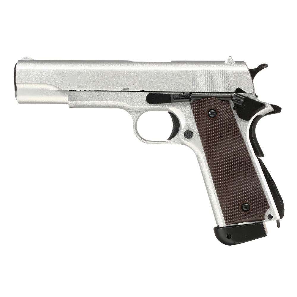 Double Bell M1911A1 Airsoftpistole Vollmetall CO2BB 6mm BB silber inkl. Pistolenkoffer Bild 1