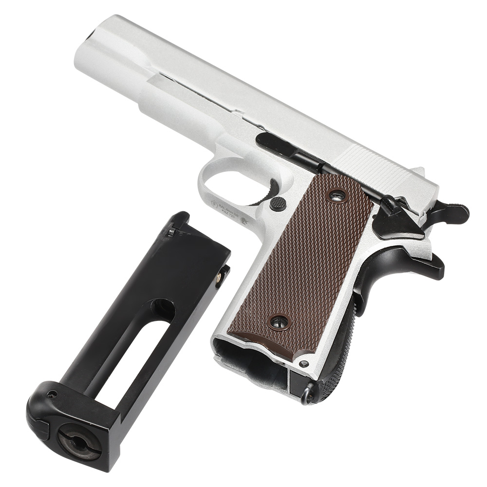 Double Bell M1911A1 Airsoftpistole Vollmetall CO2BB 6mm BB silber inkl. Pistolenkoffer Bild 6