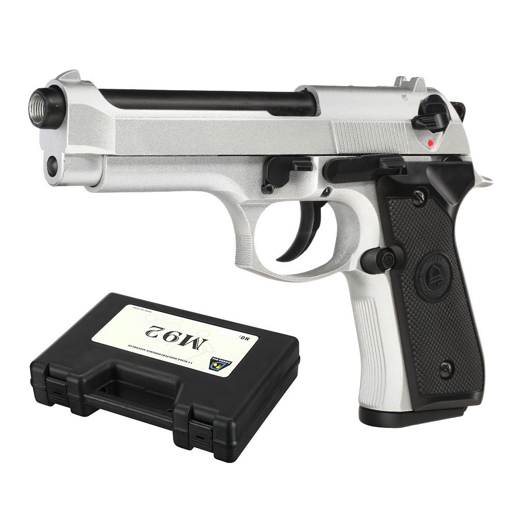 Double Bell M92 Airsoftpistole Vollmetall GBB 6mm BB silber inkl. Pistolenkoffer