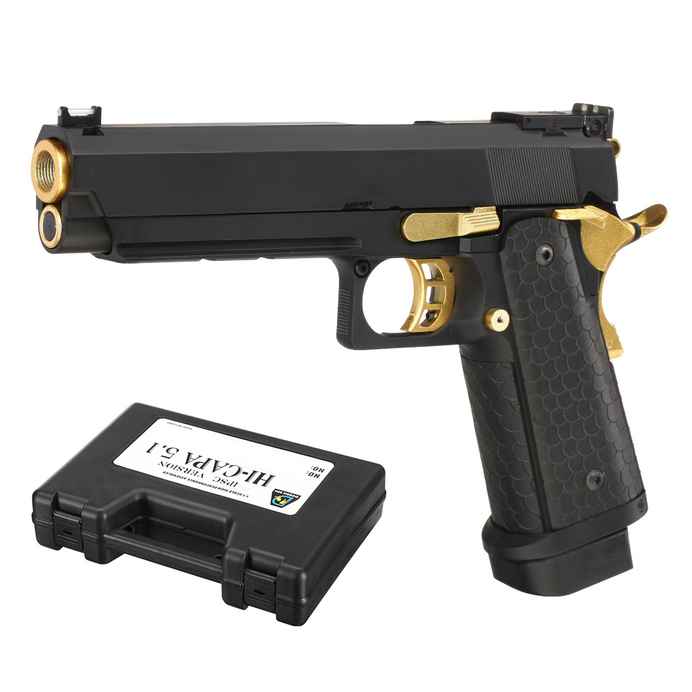 Versandrcklufer Double Bell Hi-Capa 5.1 Vollmetall CO2BB 6mm BB schwarz / gold inkl. Pistolenkoffer