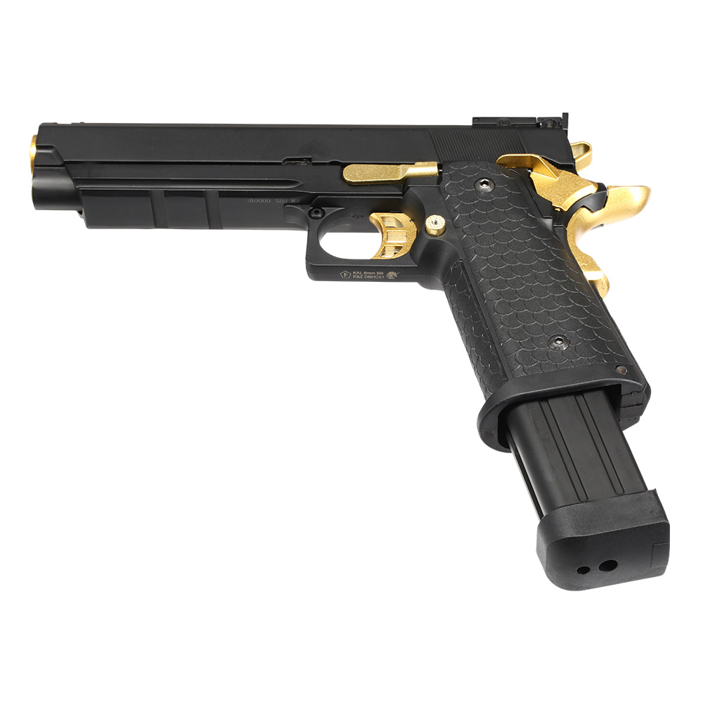 Double Bell Hi-Capa 5.1 Airsoftpistole Vollmetall CO2BB 6mm BB schwarz / gold inkl. Pistolenkoffer Bild 5