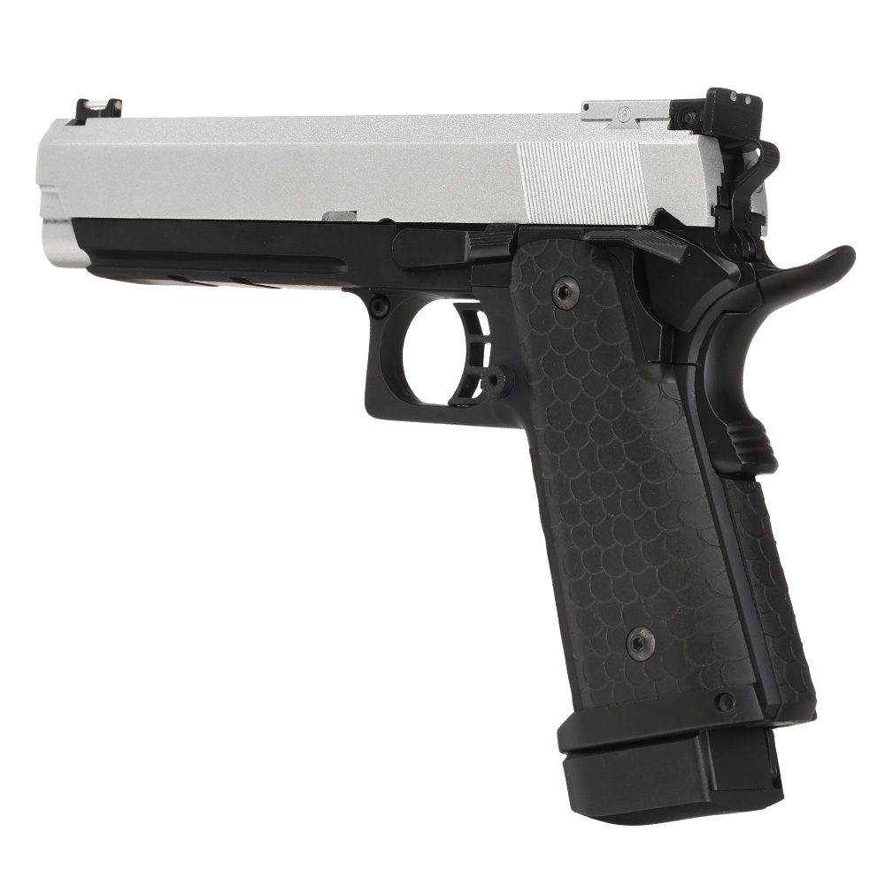 Double Bell Hi-Capa 5.1 Vollmetall CO2BB 6mm BB silber / schwarz inkl. Pistolenkoffer Bild 10