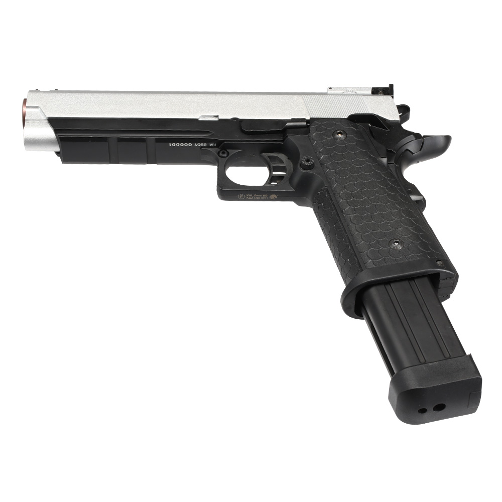 Double Bell Hi-Capa 5.1 Vollmetall CO2BB 6mm BB silber / schwarz inkl. Pistolenkoffer Bild 5