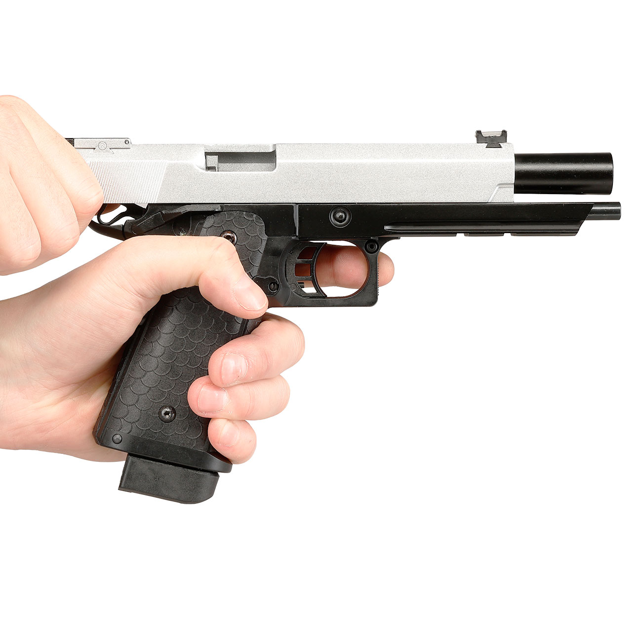 Double Bell Hi-Capa 5.1 Airsoftpistole Vollmetall CO2BB 6mm BB silber / schwarz inkl. Pistolenkoffer Bild 11