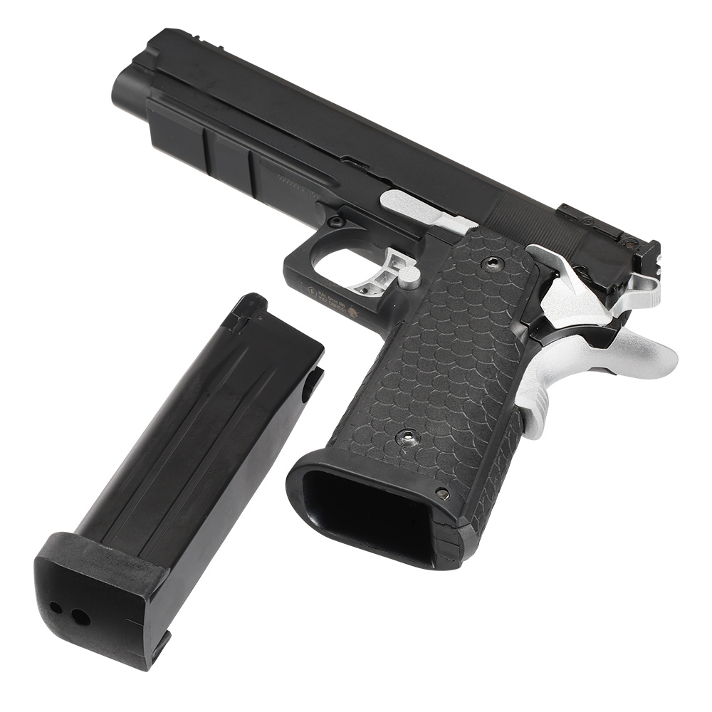 Double Bell Hi-Capa 5.1 Vollmetall CO2BB 6mm BB schwarz / silber inkl. Pistolenkoffer Bild 6