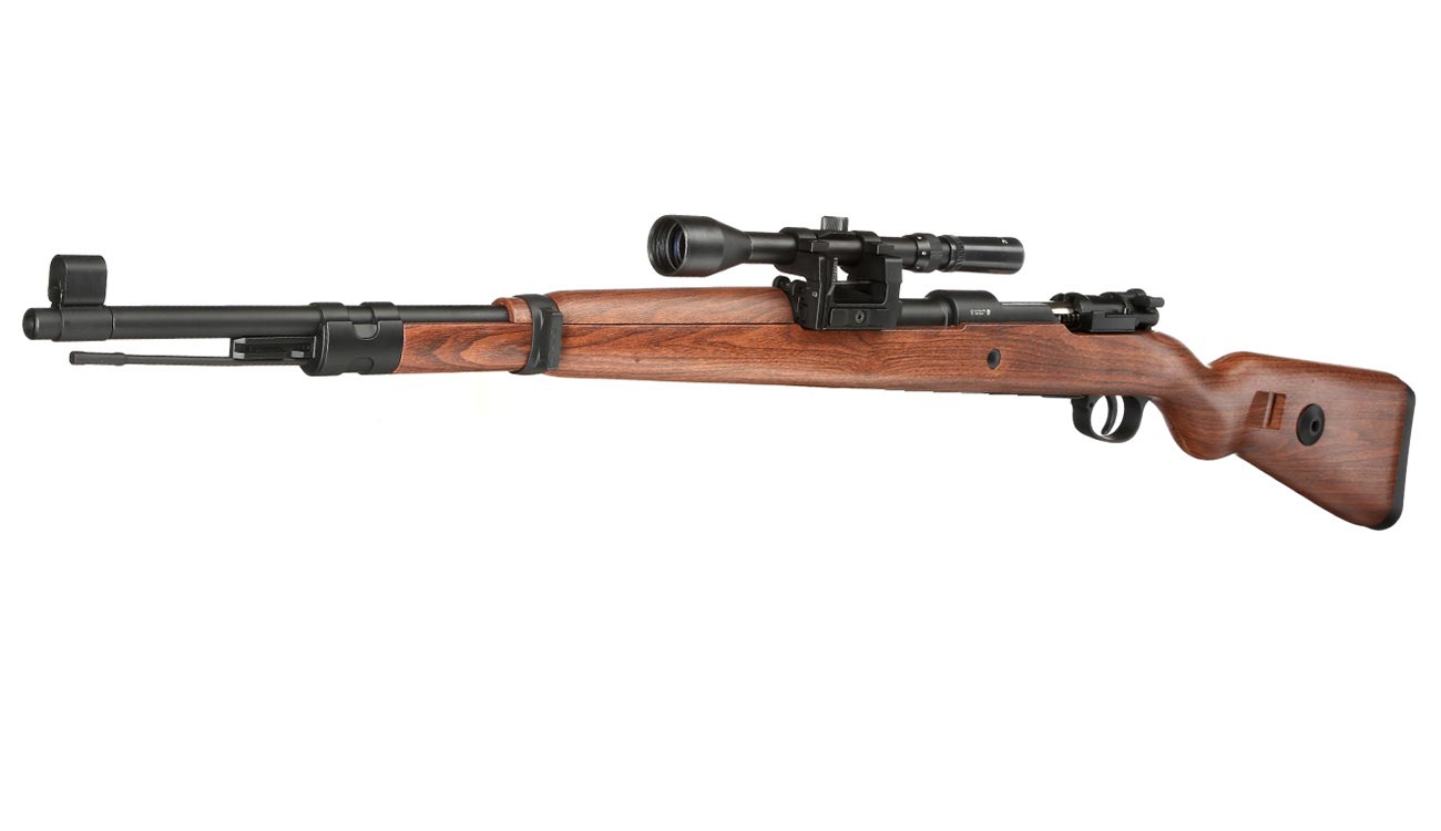 Double Bell Airsoft Karabiner 98K Bolt-Action Springer Gewehr mit Hlsenauswurf inkl. 3-7x28 ZF 6mm BB Holzoptik