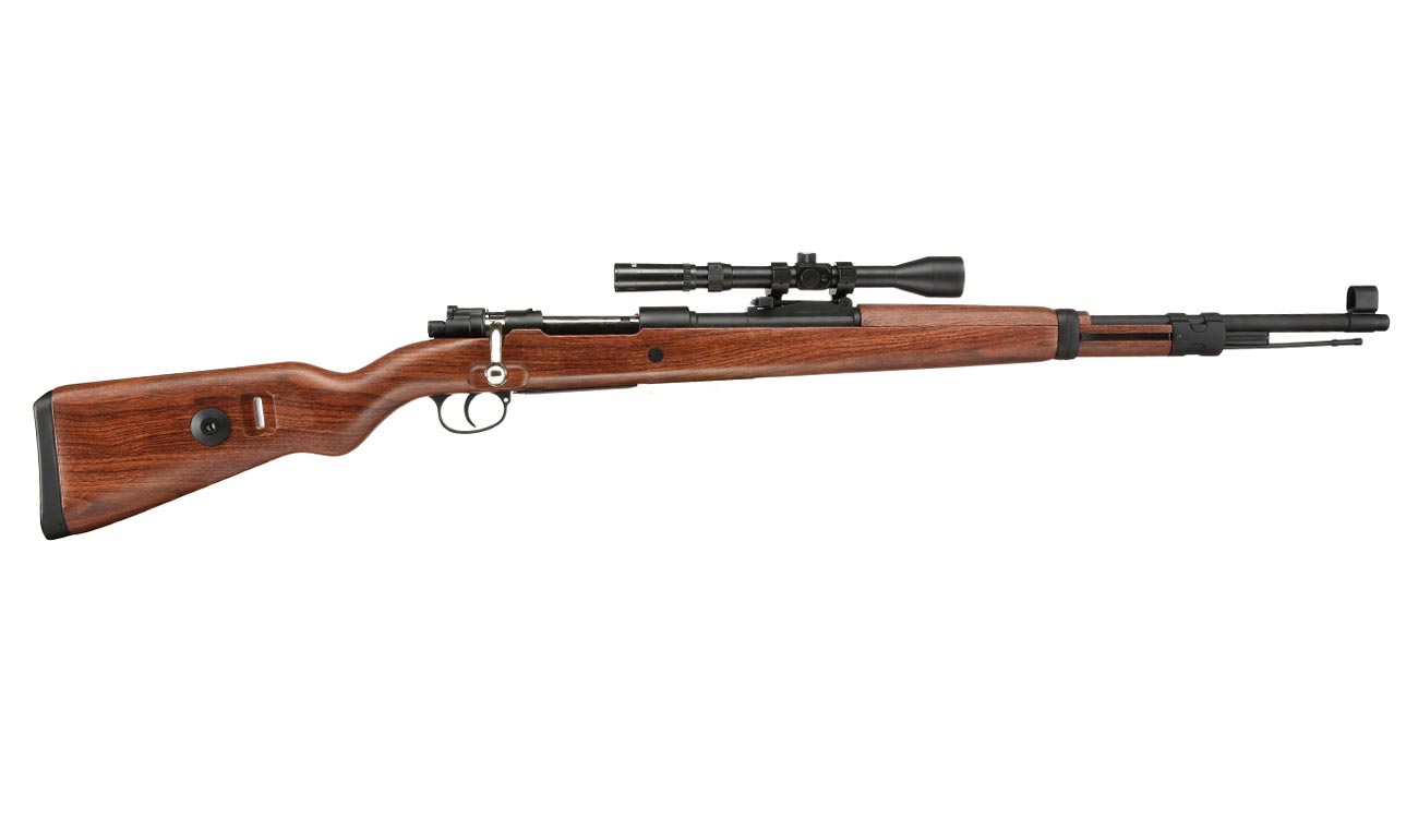 Double Bell Airsoft Karabiner 98K Bolt-Action Springer Gewehr mit Hlsenauswurf inkl. 3-7x28 ZF 6mm BB Holzoptik Bild 2