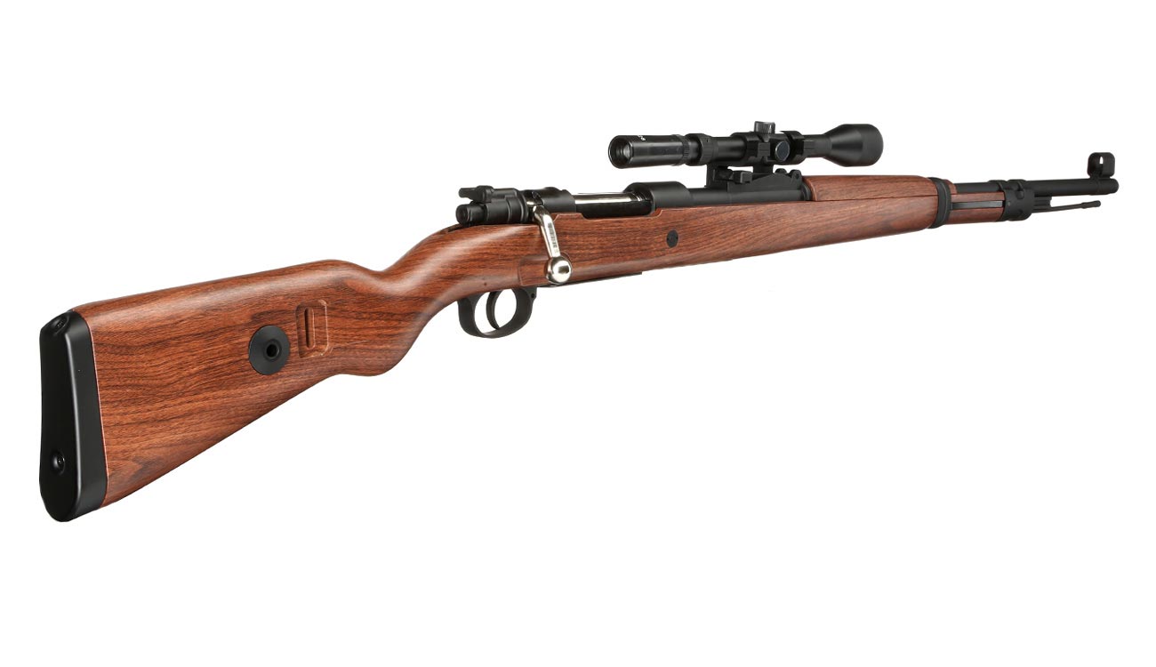 Double Bell Airsoft Karabiner 98K Bolt-Action Springer Gewehr mit Hlsenauswurf inkl. 3-7x28 ZF 6mm BB Holzoptik Bild 3