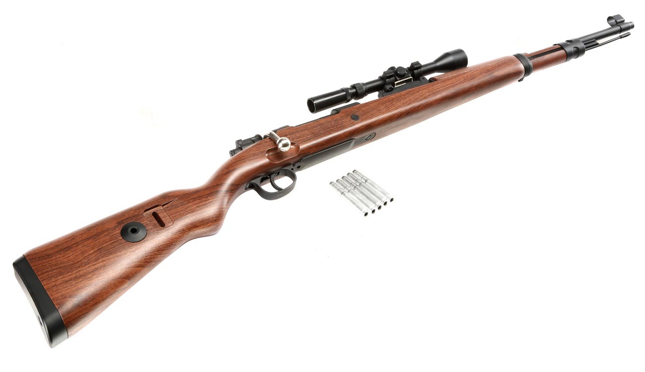 Double Bell Airsoft Karabiner 98K Bolt-Action Springer Gewehr mit Hlsenauswurf inkl. 3-7x28 ZF 6mm BB Holzoptik Bild 4