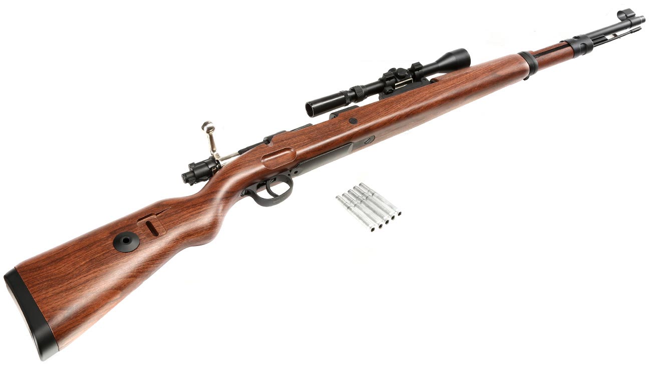 Double Bell Airsoft Karabiner 98K Bolt-Action Springer Gewehr mit Hlsenauswurf inkl. 3-7x28 ZF 6mm BB Holzoptik Bild 5