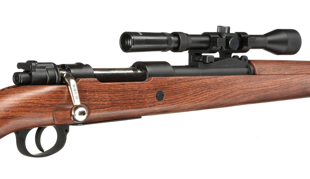 Double Bell Airsoft Karabiner 98K Bolt-Action Springer Gewehr mit Hlsenauswurf inkl. 3-7x28 ZF 6mm BB Holzoptik Bild 8