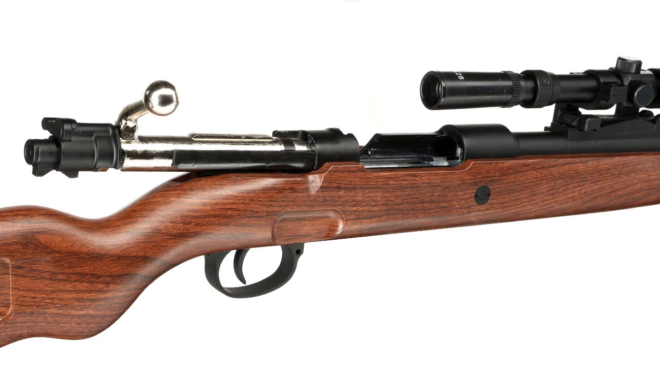Double Bell Airsoft Karabiner 98K Bolt-Action Springer Gewehr mit Hlsenauswurf inkl. 3-7x28 ZF 6mm BB Holzoptik Bild 9