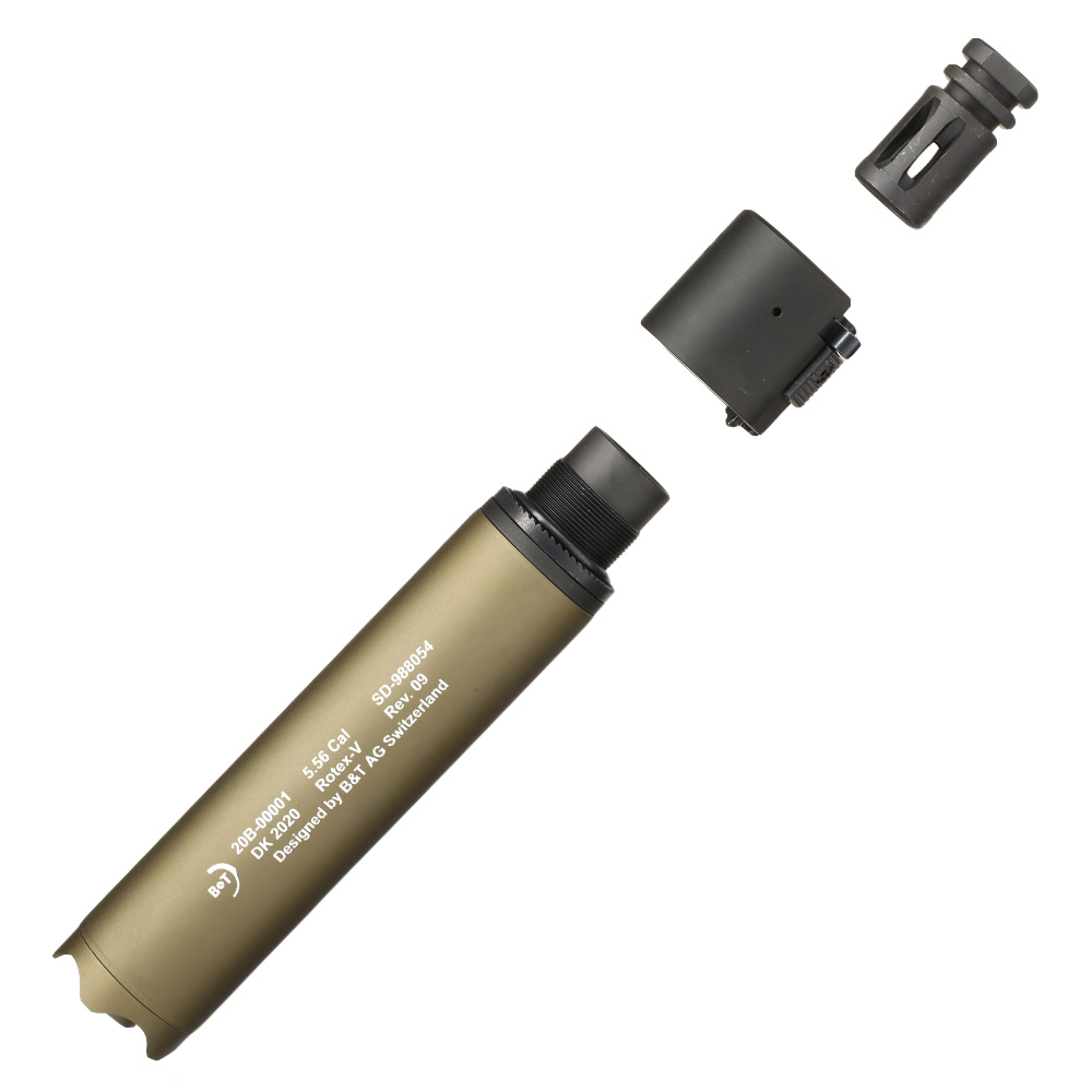 ASG B&T Rotex-V 197mm Aluminium Silencer mit Stahl Flash-Hider 14mm- Mud-Earth Bild 7