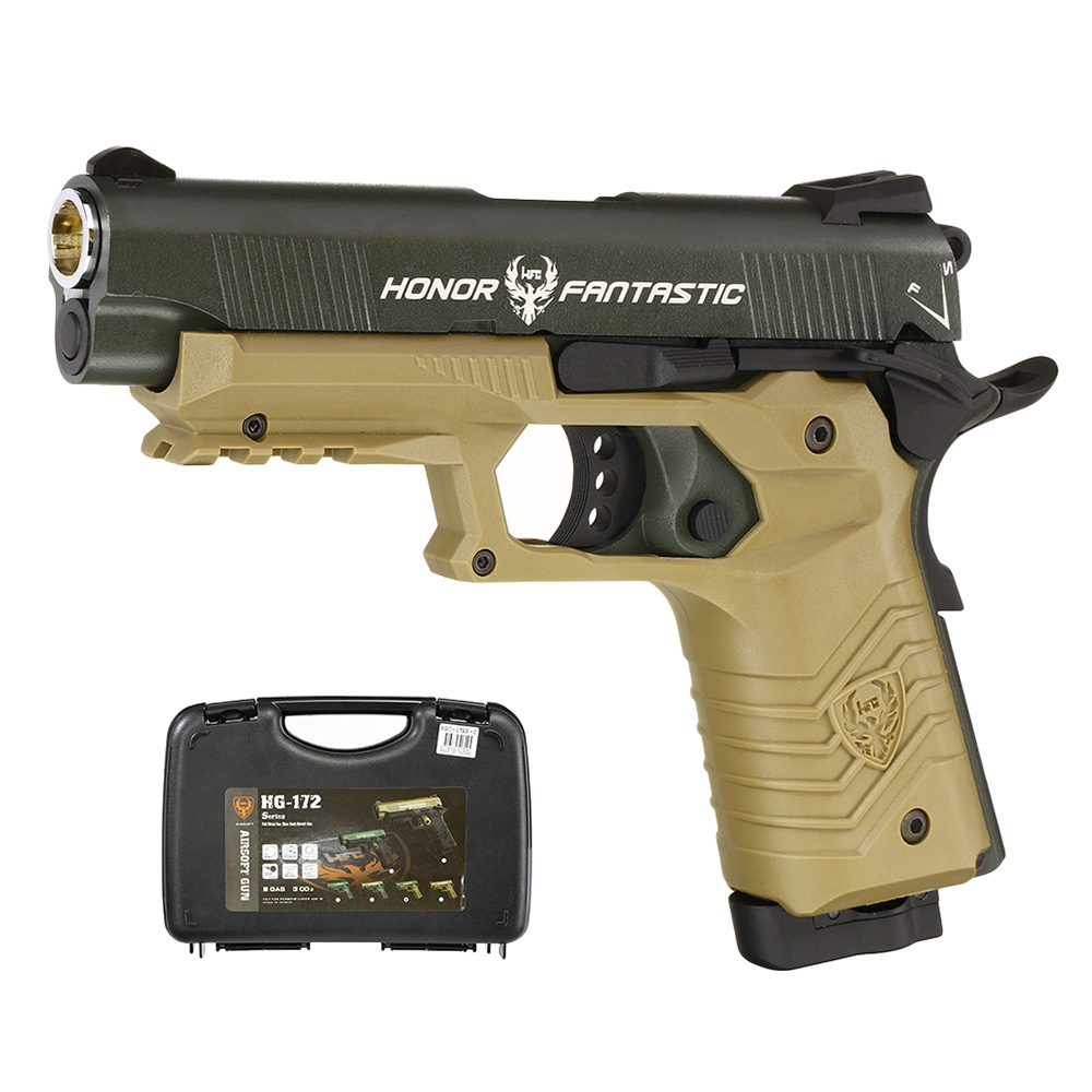 HFC M1911S Custom 45 GripTac Airsoftpistole Vollmetall CO2BB 6mm BB oliv / tan inkl. Pistolenkoffer