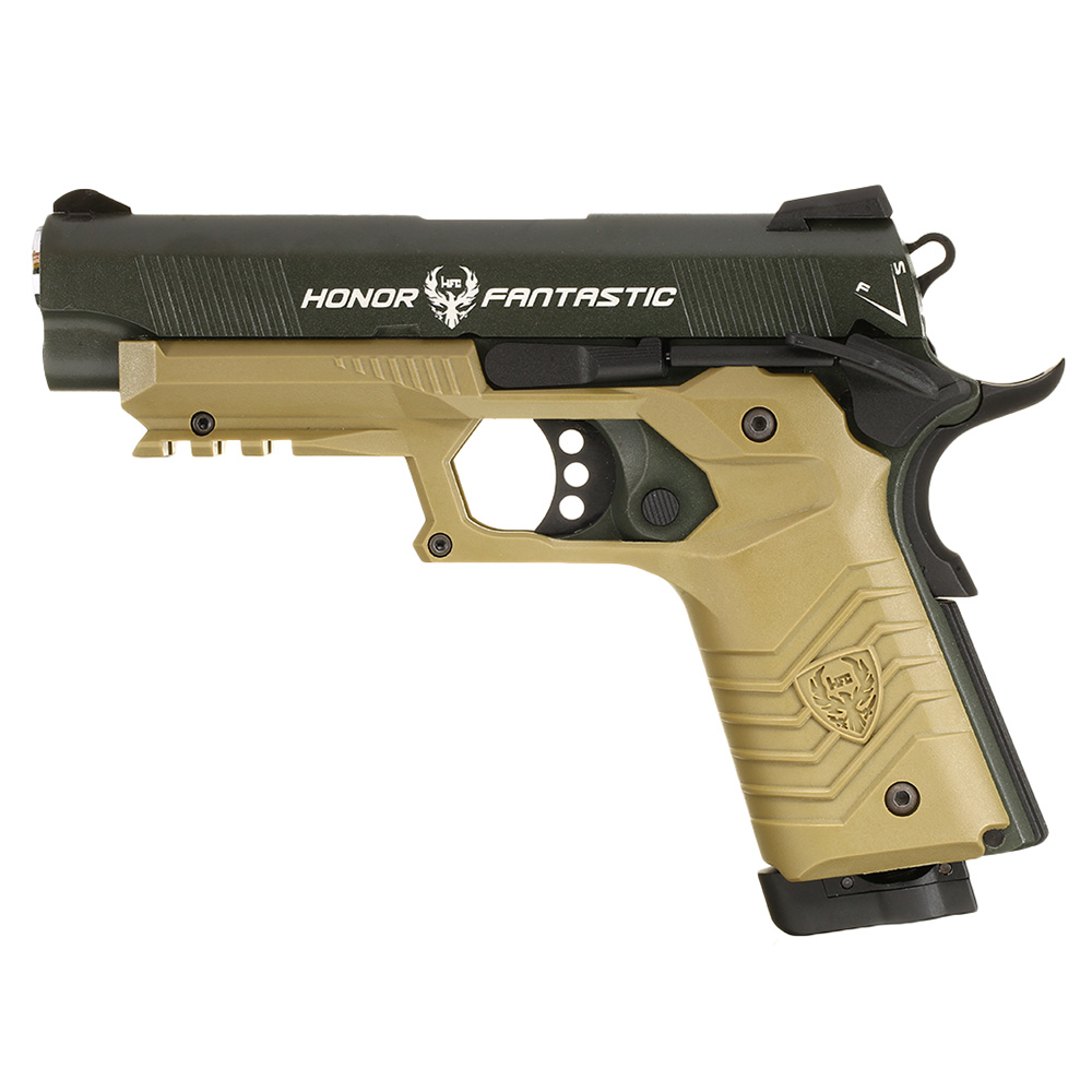 HFC M1911S Custom 45 GripTac Airsoftpistole Vollmetall CO2BB 6mm BB oliv / tan inkl. Pistolenkoffer Bild 1
