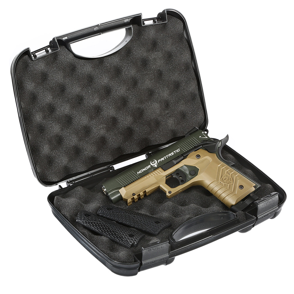 HFC M1911S Custom 45 GripTac Airsoftpistole Vollmetall CO2BB 6mm BB oliv / tan inkl. Pistolenkoffer Bild 11