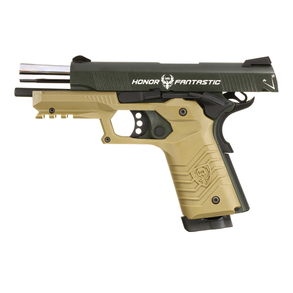 HFC M1911S Custom 45 GripTac Airsoftpistole Vollmetall CO2BB 6mm BB oliv / tan inkl. Pistolenkoffer Bild 2