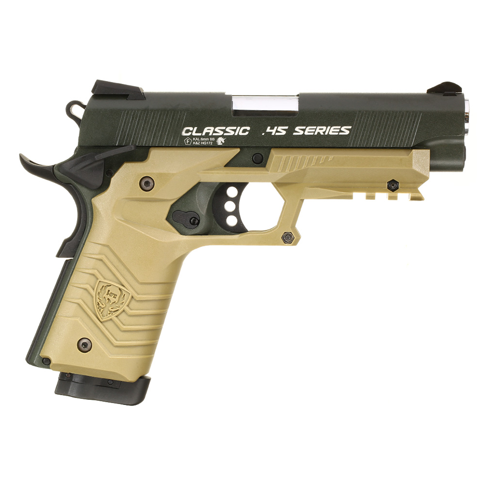 HFC M1911S Custom 45 GripTac Airsoftpistole Vollmetall CO2BB 6mm BB oliv / tan inkl. Pistolenkoffer Bild 3