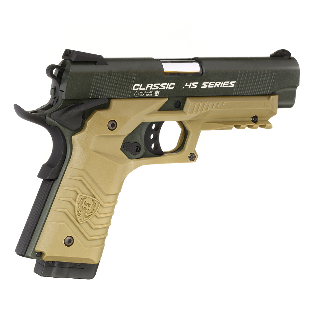 HFC M1911S Custom 45 GripTac Airsoftpistole Vollmetall CO2BB 6mm BB oliv / tan inkl. Pistolenkoffer Bild 4
