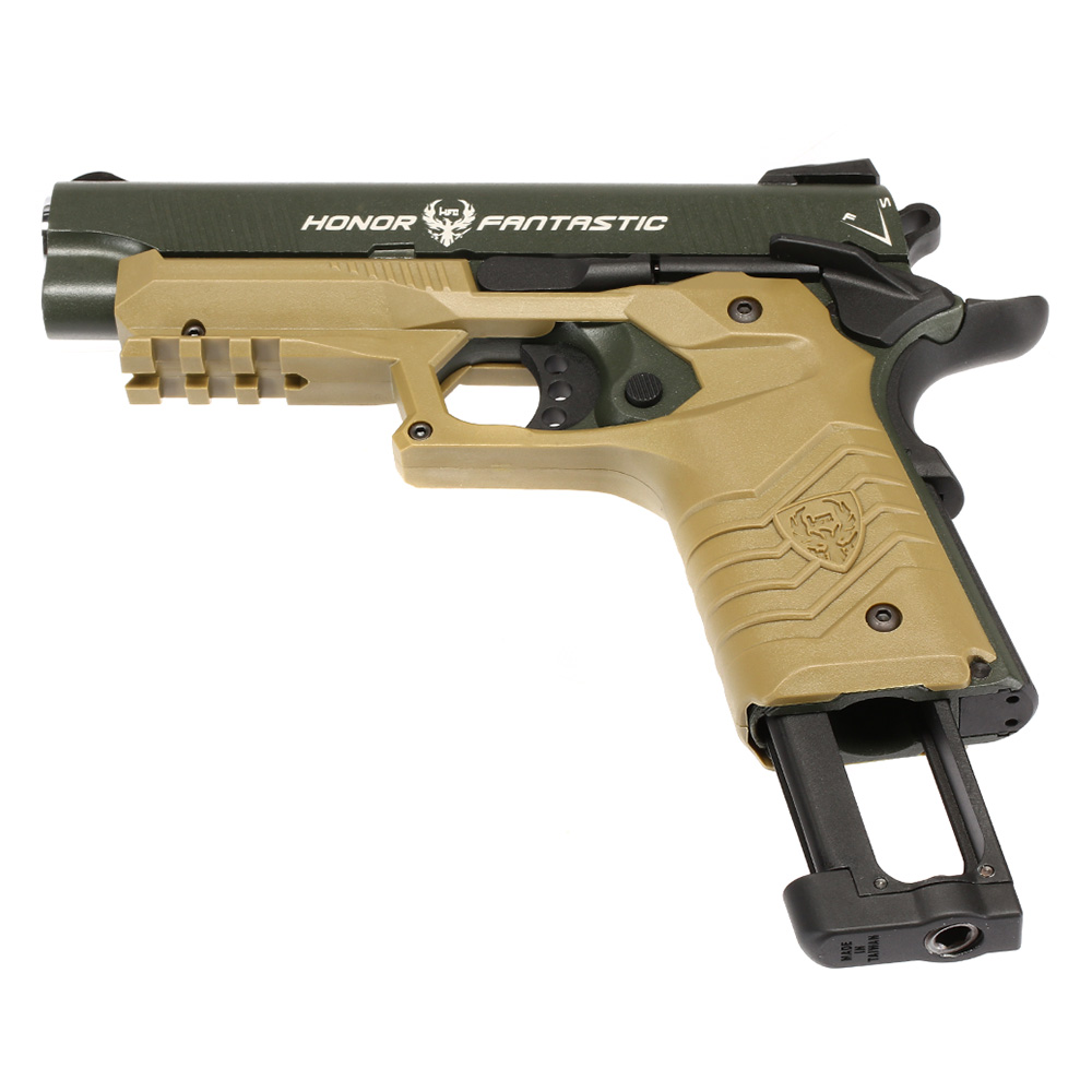 HFC M1911S Custom 45 GripTac Airsoftpistole Vollmetall CO2BB 6mm BB oliv / tan inkl. Pistolenkoffer Bild 5