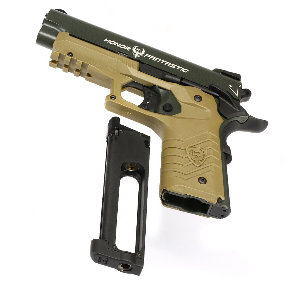 HFC M1911S Custom 45 GripTac Airsoftpistole Vollmetall CO2BB 6mm BB oliv / tan inkl. Pistolenkoffer Bild 6