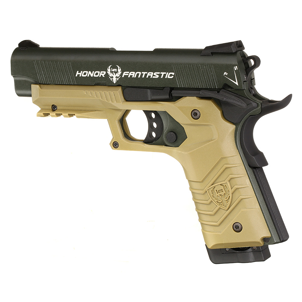 HFC M1911S Custom 45 GripTac Airsoftpistole Vollmetall CO2BB 6mm BB oliv / tan inkl. Pistolenkoffer Bild 7