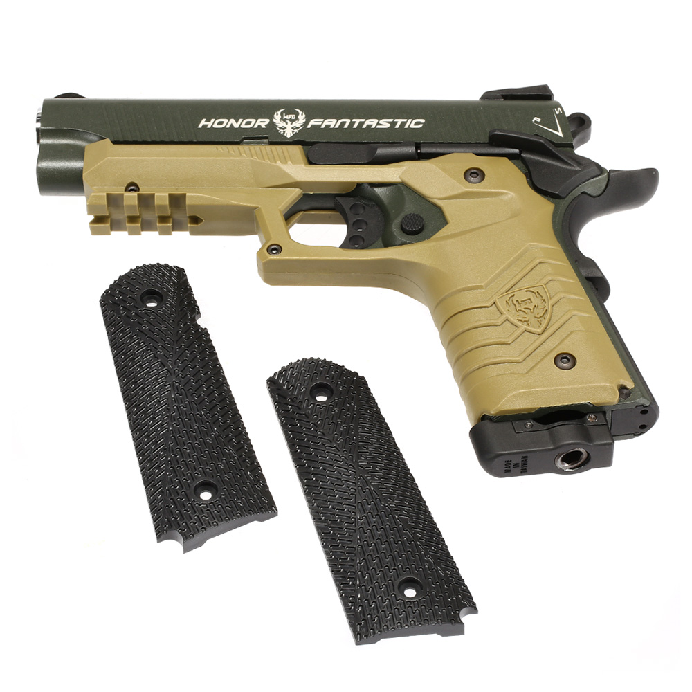 HFC M1911S Custom 45 GripTac Vollmetall CO2BB 6mm BB oliv / tan inkl. Pistolenkoffer Bild 9