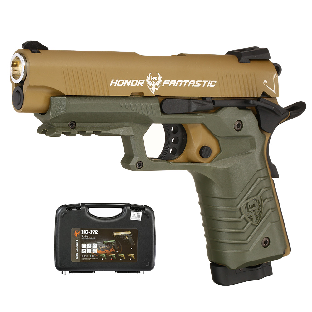 Ersatzteilset HFC M1911S Custom 45 GripTac Vollmetall CO2BB 6mm BB tan / oliv inkl. Pistolenkoffer