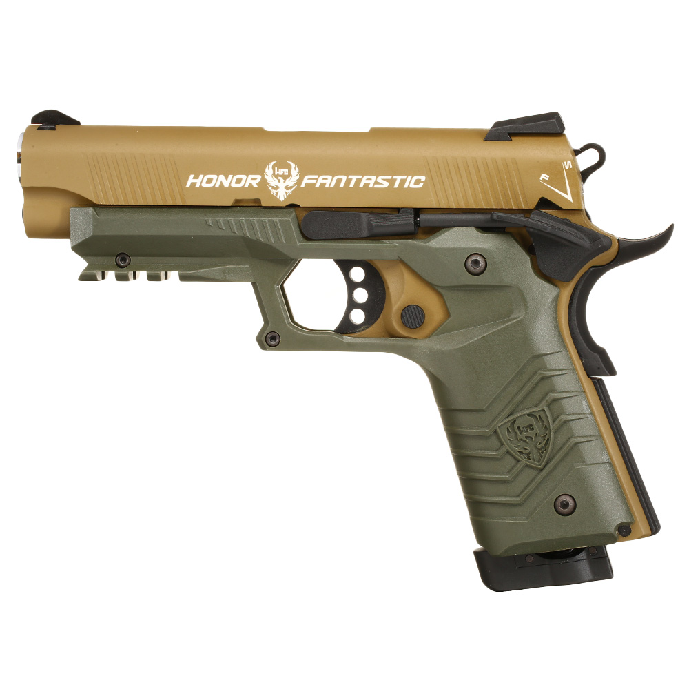 Ersatzteilset HFC M1911S Custom 45 GripTac Vollmetall CO2BB 6mm BB tan / oliv inkl. Pistolenkoffer Bild 1