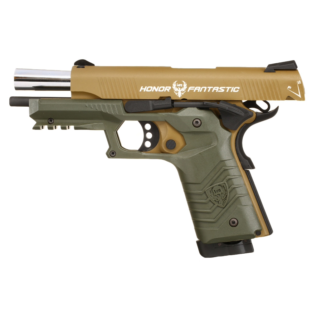 Ersatzteilset HFC M1911S Custom 45 GripTac Vollmetall CO2BB 6mm BB tan / oliv inkl. Pistolenkoffer Bild 2