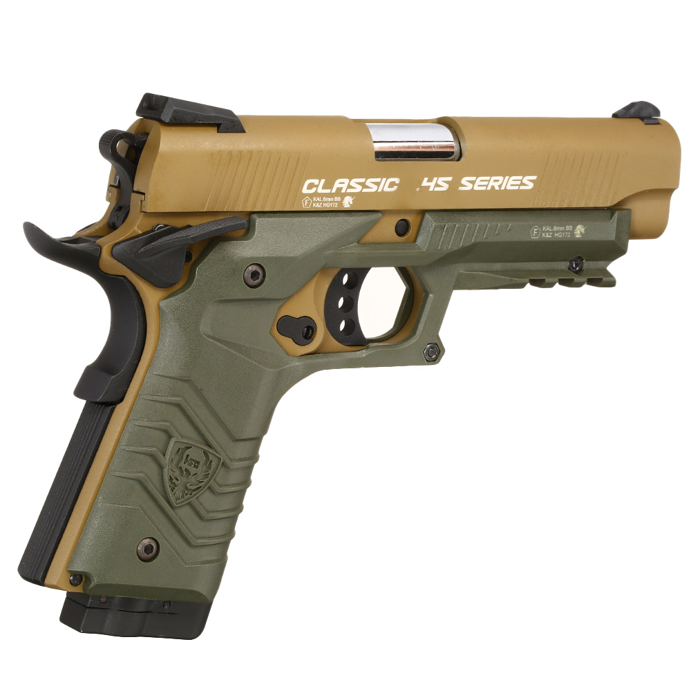 Ersatzteilset HFC M1911S Custom 45 GripTac Vollmetall CO2BB 6mm BB tan / oliv inkl. Pistolenkoffer Bild 4