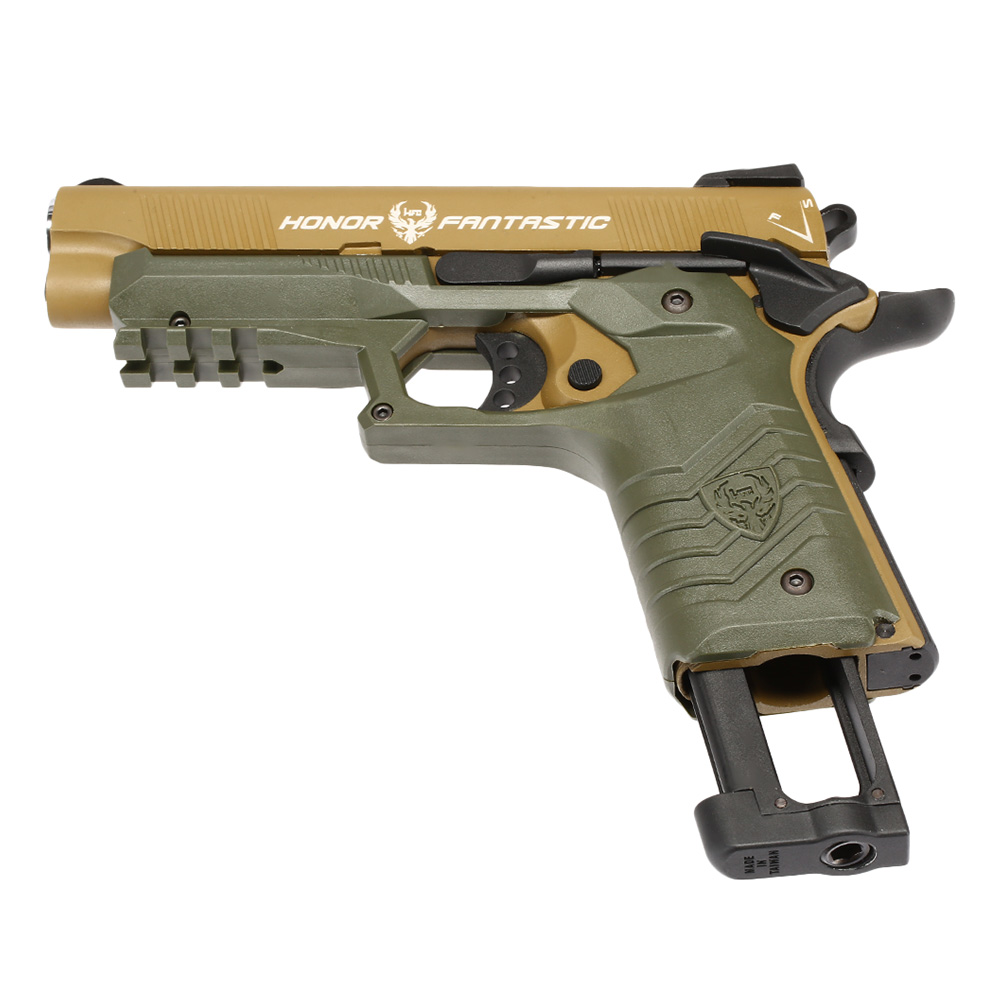Ersatzteilset HFC M1911S Custom 45 GripTac Vollmetall CO2BB 6mm BB tan / oliv inkl. Pistolenkoffer Bild 5