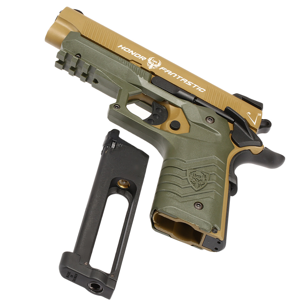 HFC M1911S Custom 45 GripTac Vollmetall CO2BB 6mm BB tan / oliv inkl. Pistolenkoffer Bild 6