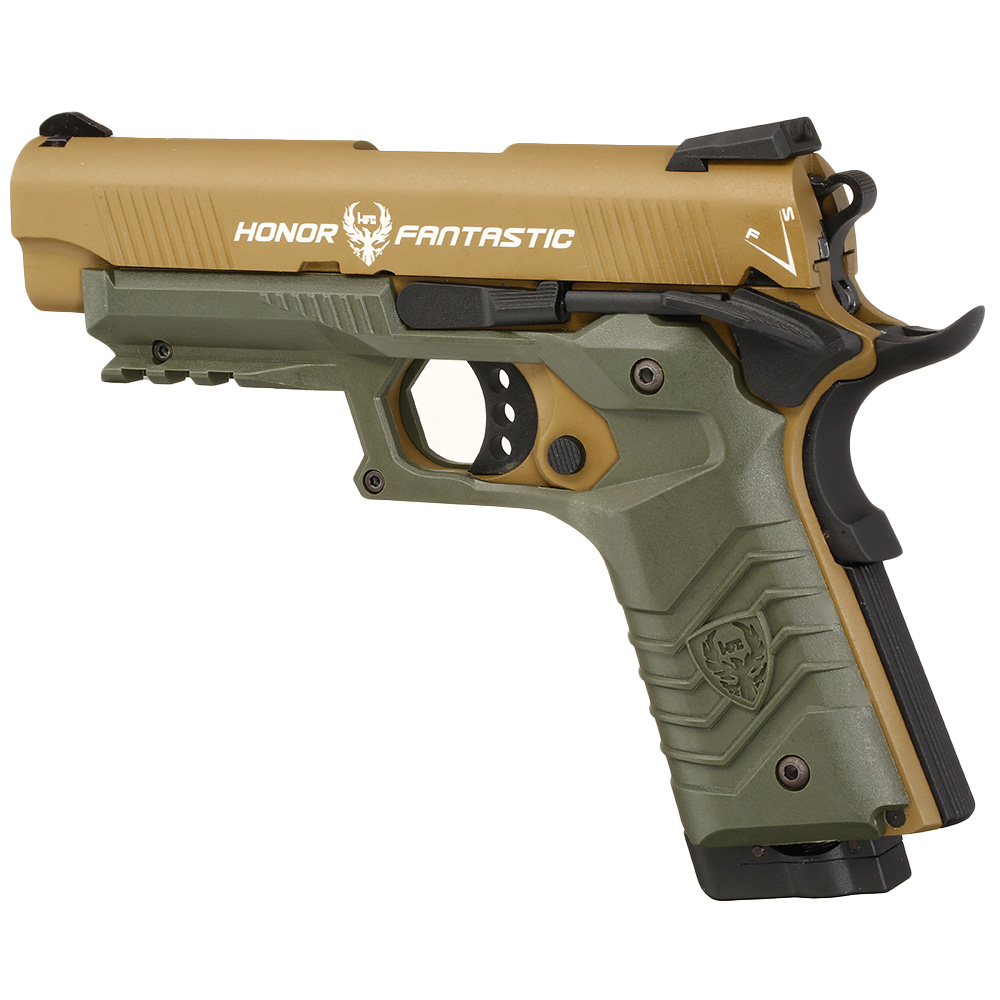 HFC M1911S Custom 45 GripTac Vollmetall CO2BB 6mm BB tan / oliv inkl. Pistolenkoffer Bild 7