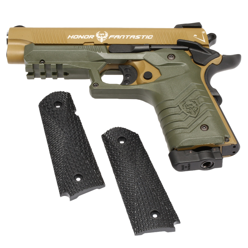 HFC M1911S Custom 45 GripTac Vollmetall CO2BB 6mm BB tan / oliv inkl. Pistolenkoffer Bild 9