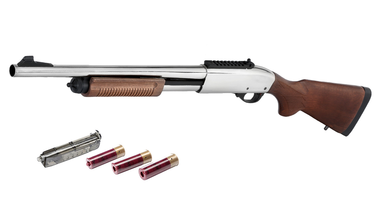 Golden Eagle M8870 Vollmetall Pump Action Gas Shotgun 6mm BB Chrome-Finish Echtholz-Version