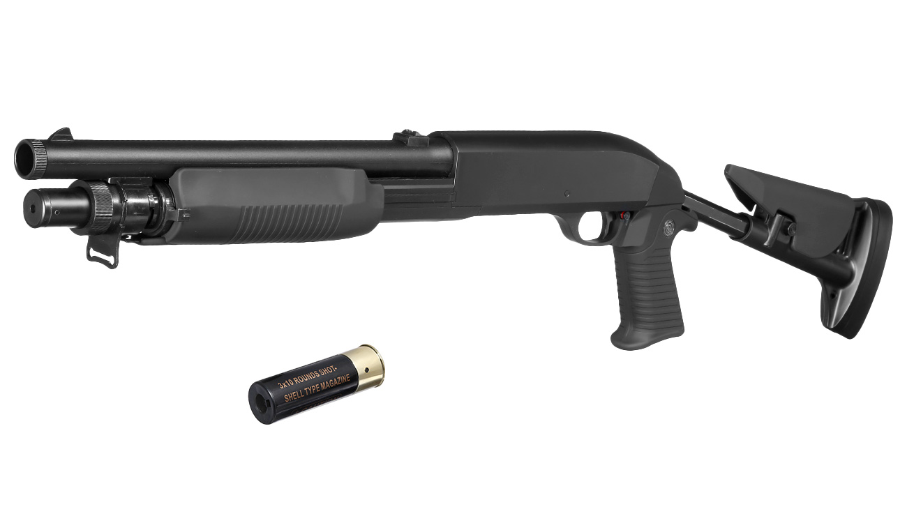 D.E. M56-C 3 Rounds Multi-Shot Pumpgun Shorty Flex-Stock Springer schwarz